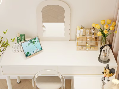 White Dressing Table with Scalloped Mirror Cosmetic Organizer Yellow Flowers Green Plants and Tablet 3d model