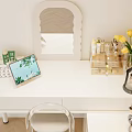 White Dressing Table with Scalloped Mirror Cosmetic Organizer Yellow Flowers Green Plants and Tablet