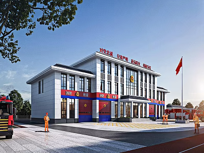 Modern Fire Station Building with Red Accents Firefighters and Fire Truck 3d model