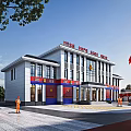 Modern Fire Station Building with Red Accents Firefighters and Fire Truck