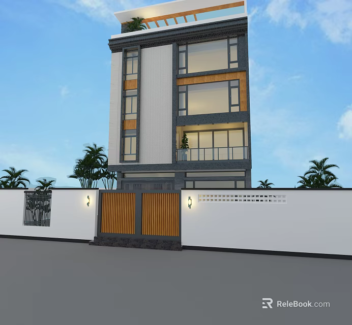 Modern Multi Story Detached Villa With Large Glass Windows Wooden Gate And Palm Trees 3d model 