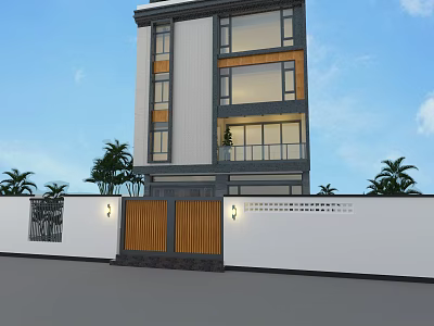 Modern Multi Story Detached Villa With Large Glass Windows Wooden Gate And Palm Trees 3d model