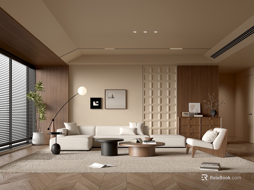 Modern Living Room Interior Design With Light Brown Sofa Wooden Wall Panels And Floor Lamp 3d model 