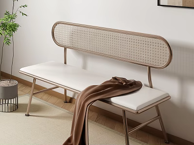 Stylish Indoor Leisure Bench With Woven Backrest White Padded Seat Metal Frame And Cozy Blanket 3d model
