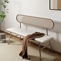 Stylish Indoor Leisure Bench With Woven Backrest White Padded Seat Metal Frame And Cozy Blanket