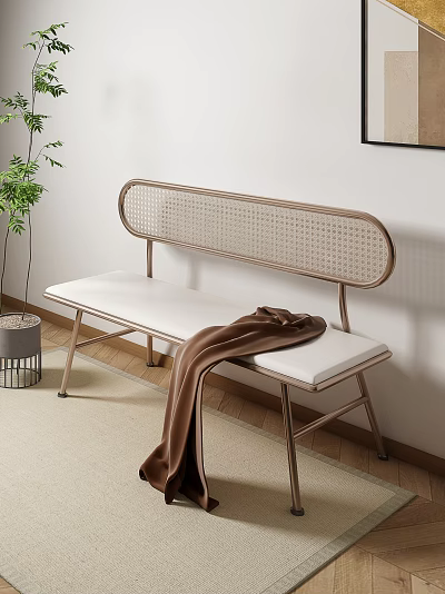Stylish Indoor Leisure Bench With Woven Backrest White Padded Seat Metal Frame And Cozy Blanket 3d model