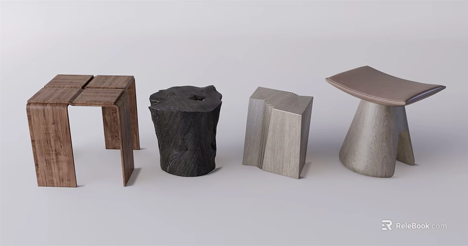 Different Designed Stools With Wooden Tree Stump Geometric And Metallic Conical Shapes 3d model 