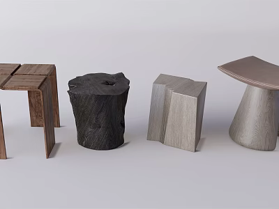 Different Designed Stools With Wooden Tree Stump Geometric And Metallic Conical Shapes 3d model