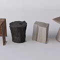 Different Designed Stools With Wooden Tree Stump Geometric And Metallic Conical Shapes
