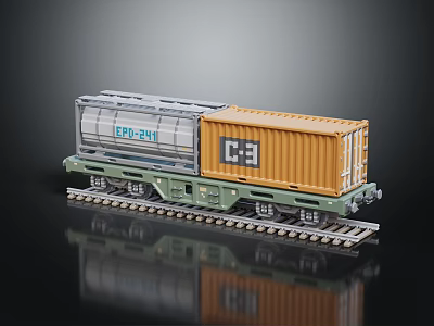 Train Model Railway Car With Silver Tank Container And Orange Cargo Box On Rail Track 3d model