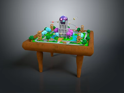 Colorful Entertainment Table With Small Buildings Trees Purple Sphere And Green Decorations 3d model