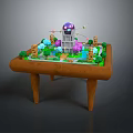 Colorful Entertainment Table With Small Buildings Trees Purple Sphere And Green Decorations