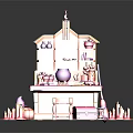 Cartoon Style Magical Scene With Pink Orange Cottage Cabinets Cauldron Candles And Table