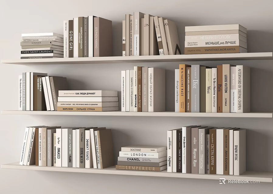 Modern Wainscoting Wall With White Bookshelves Holding Colorful Books Neatly Arranged 3d model 