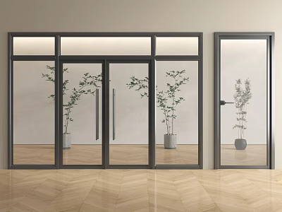 Modern Double Glass Doors Design With Potted Plants And Wooden Floor 3d model