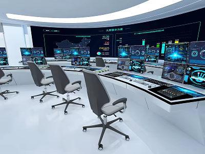 Modern High Tech Monitoring Room Interior With Multiple Digital Monitors Control Consoles And Ergonomic Chairs 3d model
