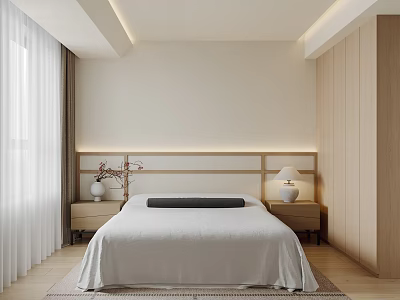 Minimalist Modern Bedroom Interior With Beige Tones Wooden Furniture White Curtains Bedside Lamp And Vase 3d model