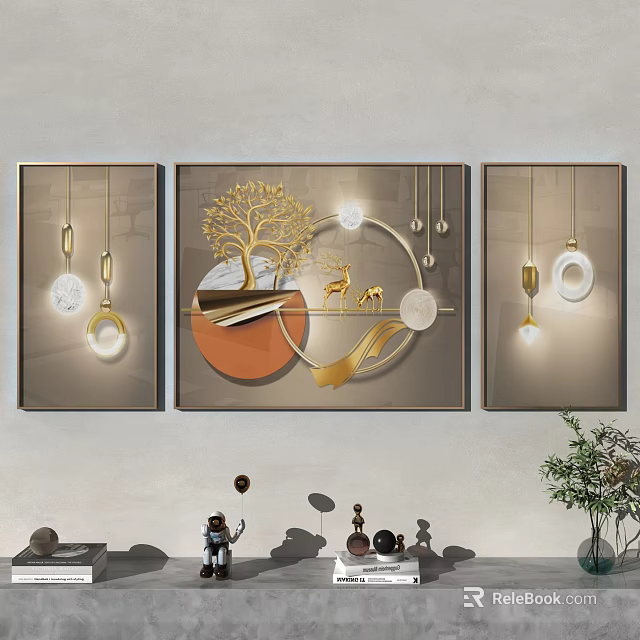 Modern Elegant Wall Decorative Paintings With Golden Tree Deer And Circular Elements 3d model