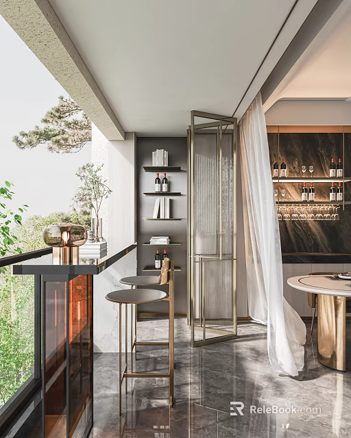 Elegant Home Balcony Design With Bar Counter Stools Shelves Curtain And Potted Plant 3d model 