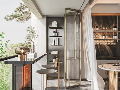 Elegant Home Balcony Design With Bar Counter Stools Shelves Curtain And Potted Plant 3d model