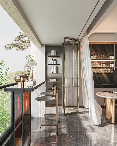 Elegant Home Balcony Design With Bar Counter Stools Shelves Curtain And Potted Plant 3d model