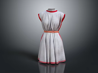 Elegant White Sleeveless Dress With Red Trim And Orange Belt Design 3d model