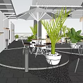 Café Serving Coffee and Milk Tea with Outdoor Seating Green Plants and Umbrellas