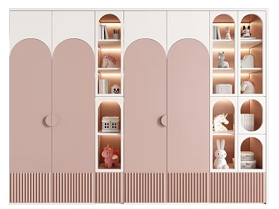 Stylish Pink And White Wardrobe With Arched Doors Open Shelves And Decorative Figurines 3d model
