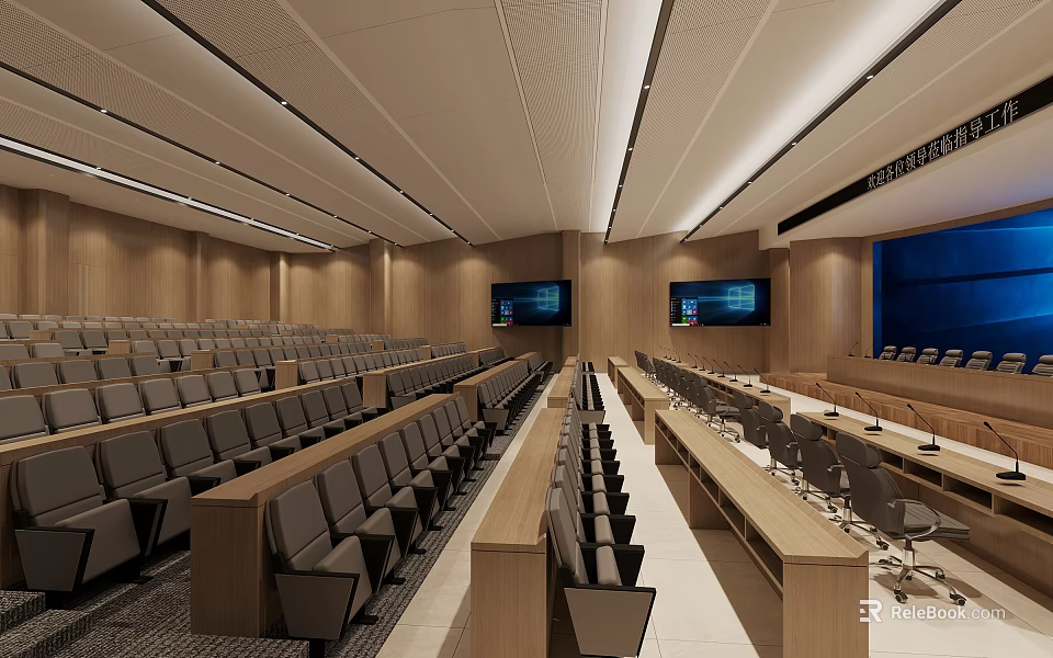 Modern Service Hall Interior With Rows of Seats Large Screens And Wooden Decor Elements 3d model 