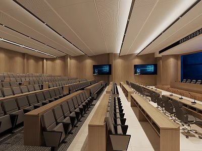 Modern Service Hall Interior With Rows of Seats Large Screens And Wooden Decor Elements 3d model