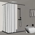Modern Bathroom Interior With White Tiled Walls Shower Curtain And Black Fixtures