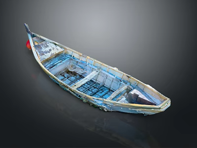 Old Blue And White Wooden Boat With Worn Hull Interior Seating And Red Stern Object 3d model