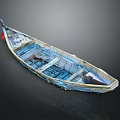Old Blue And White Wooden Boat With Worn Hull Interior Seating And Red Stern Object