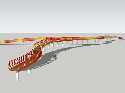 Modern Curved Landscape Bridge With Red Yellow Colors And White Pillars 3d model