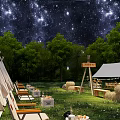 Garden Landscape With White Tipis Under Starry Sky Trees Tables Chairs Hay Bales Log Stacks