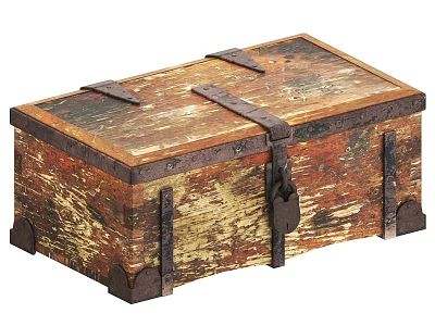 Vintage Wooden Trunk With Metal Straps And Distressed Brown Finish 3d model