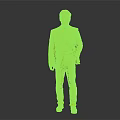 Man Standing in Dark Blazer Red Sweater Black Pants Against Gray Background Hands in Pockets
