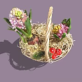 Wicker Basket With Hyacinth Flowers Red Berries And Straw For Home Decor