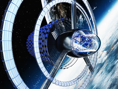 Futuristic Space Station With Orbital Ring Structure Transparent Sphere And Earth View 3d model