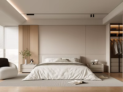Modern Minimalist Bedroom With White Bedding Wooden Accents Open Wardrobe Floor to Ceiling Windows Blinds 3d model