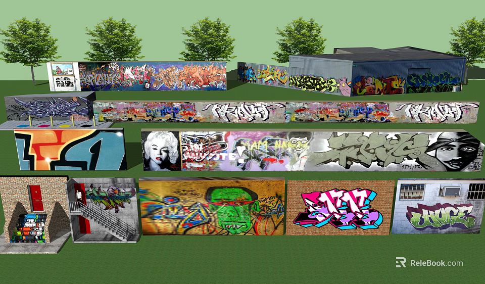 Colorful Graffiti Feature Wall With Vibrant Street Art Murals In Outdoor Urban Setting 3d model 