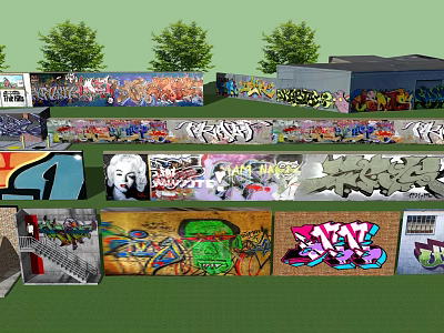 Colorful Graffiti Feature Wall With Vibrant Street Art Murals In Outdoor Urban Setting 3d model