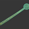 Ancient Golden Weapon with Long Intricate Handle and Spherical Head Inlaid Blue Green Gemstones