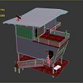 Colorful Cartoon House with White Roof Green Windows Red Balcony Stairs and White Railings