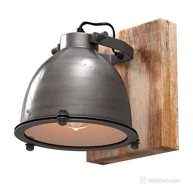 Industrial Style Metal Wall Lamp With Wooden Background And Matte Finish Design 3d model 