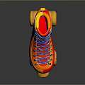 Vibrant Red Orange Roller Skates With Blue Red Laces And Yellow Wheels