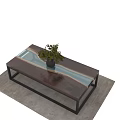 Modern Walnut Dining Table With Blue White Resin Inlay Black Metal Frame And Green Plant