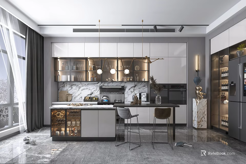 Modern Kitchen Interior With Marble Island Counter White Cabinets And Pendant Lights 3d model 