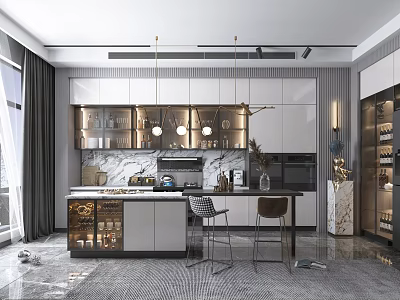 Modern Kitchen Interior With Marble Island Counter White Cabinets And Pendant Lights 3d model