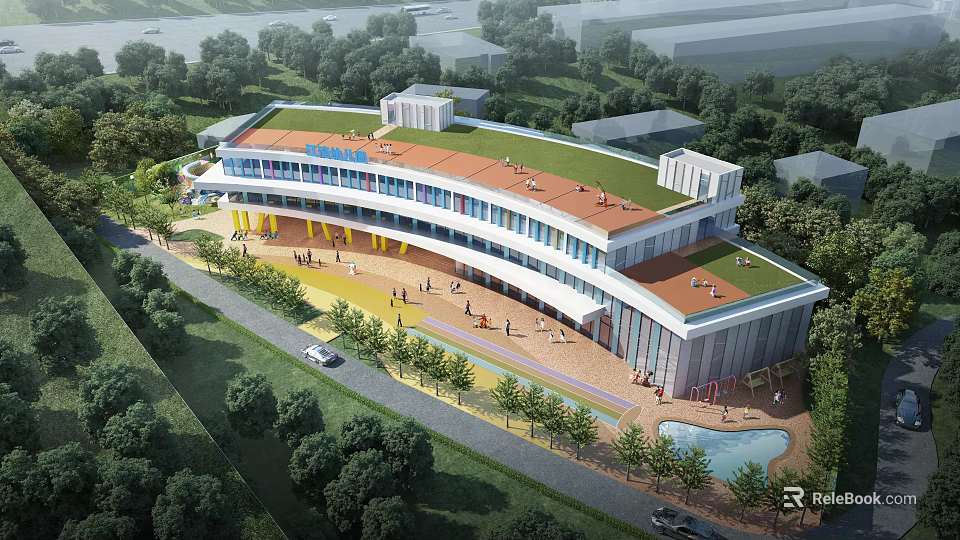 Aerial Planning of Modern Building With Green Roof Trees and Water Pool 3d model 